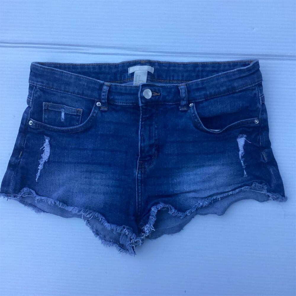 H&M Women's Distressed Denim Cut-Off Shorts Blue Size 8 Summer Casual